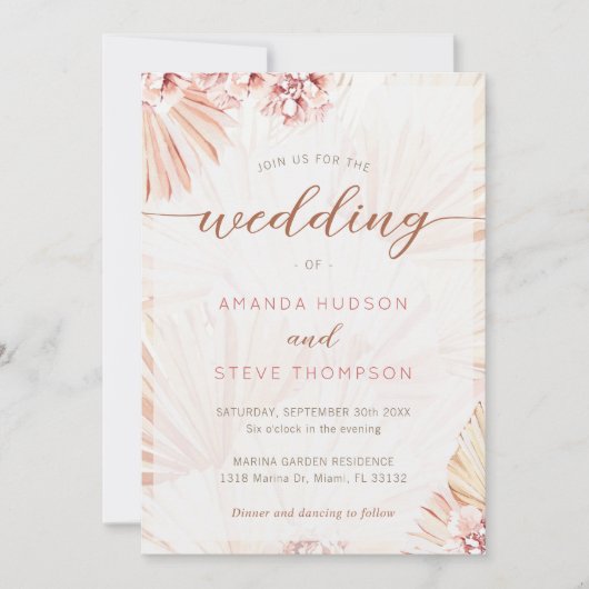 ボヘミアン結婚ズパンパスグラスボホをテーマにしたフローラ 招待状 (正面)