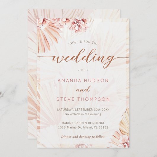 ボヘミアン結婚ズパンパスグラスボホをテーマにしたフローラ 招待状 (正面/裏面)