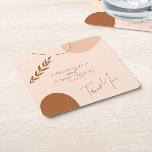 ボヘミアン結婚タン・ブラウンのカップルありがとう スクエアペーパーコースター (アングル)