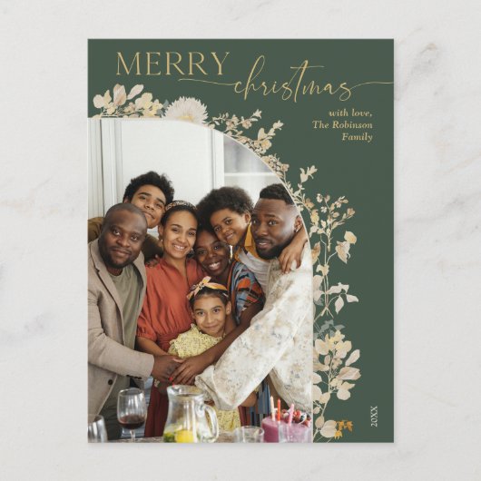 ボヘミアン緑の金ゴールドスクリプト写真クリスマス ポストカード (正面)