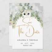 ボヘミアン緑豊かな緑のアーチサマーガーデン金ゴールド セーブザデート (正面/裏面)