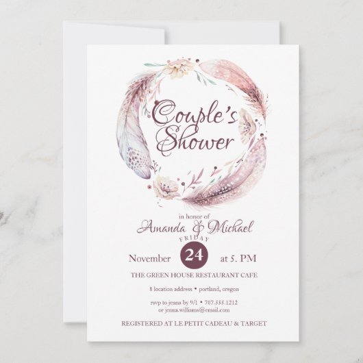 ボヘミアン羽毛フラワーズリースカップルのシャワー 招待状 (正面)