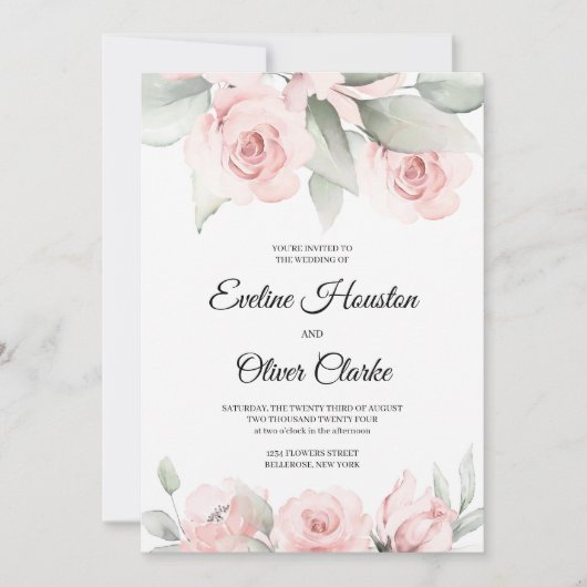 ボヘミアン赤面のピンクのバラと緑のボホーウェディン 招待状 (正面)