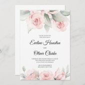 ボヘミアン赤面のピンクのバラと緑のボホーウェディン 招待状 (正面/裏面)