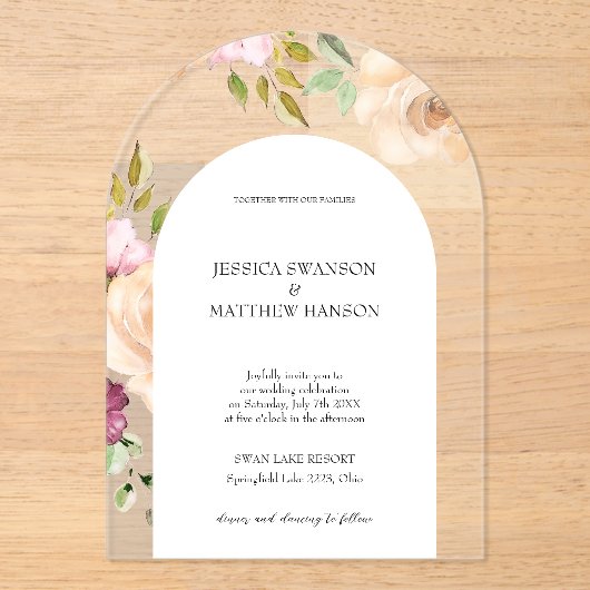 ボヘミアン赤面バラ水彩フローラ結婚ズ アクリル招待状 (正面)