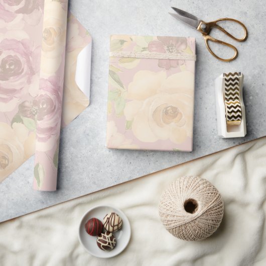 ボヘミアン赤面バラ水彩フローラ結婚ズ ラッピングペーパー (クラフト)