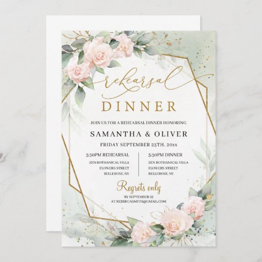 ボヘミアン赤面ピンクフローラ緑の金ゴールド結婚ズ 招待状 (正面/裏面)