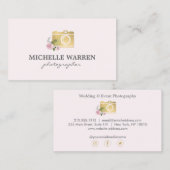 ボヘミアン金ゴールドカメラフラワーピンク写真家 名刺 (正面/裏面)