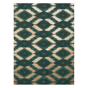 ボヘミアン金ゴールドフォレストグリーンイカットパターン テーブルクロス