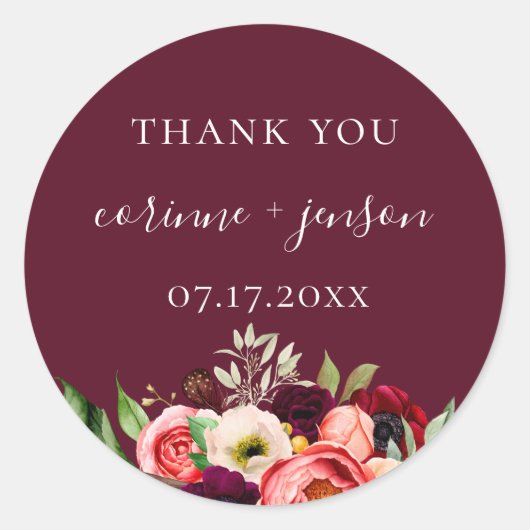 ボヘミアン開花ブルゴーニュ結婚式の引き出物 ラウンドシール (正面)