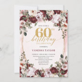ボヘミアン風なワインレッドの花のモチーフがおしゃれな60歳の誕生日招待状 招待状 (正面)