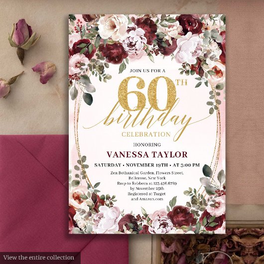 ボヘミアン風なワインレッドの花のモチーフがおしゃれな60歳の誕生日招待状 招待状