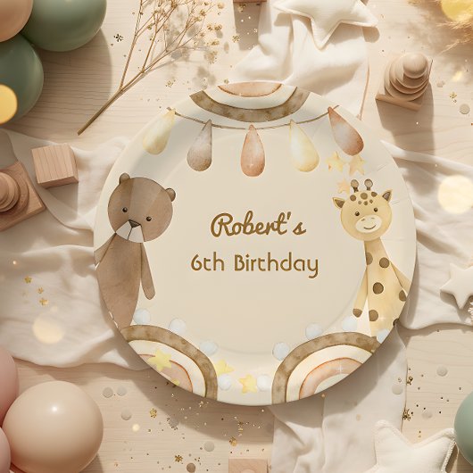 ボヘミアン風のかわいいクマとキリンの子供の誕生日 ペーパープレート