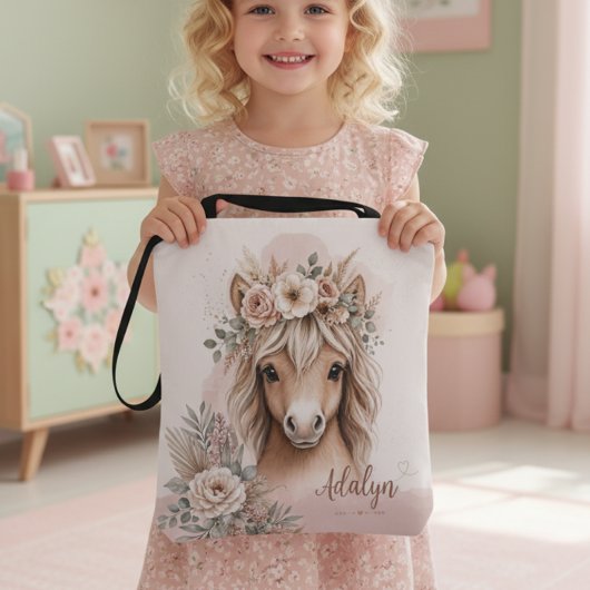 ボヘミアン風のかわいい馬の名前入りギフト ガールズ用 トートバッグ