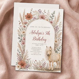 ボヘミアン風の女の子と野生の花の馬の5歳の誕生日 招待状