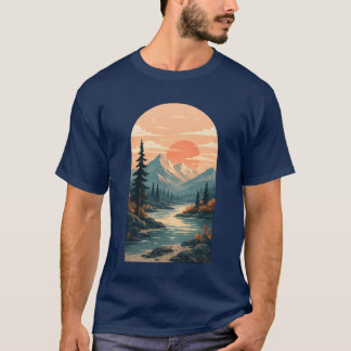 ボヘミアン風の山の夕焼けの川のアーチアート Tシャツ