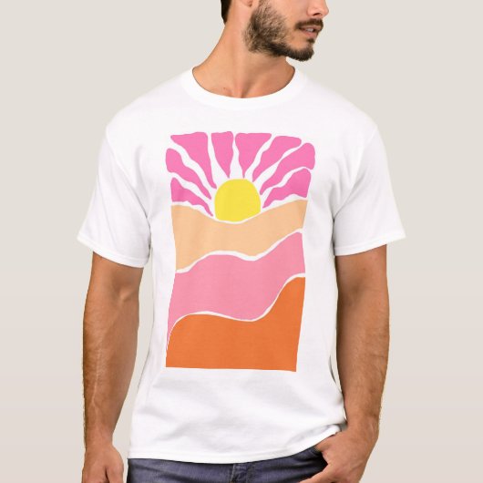 ボヘミアン風の淡いピンクとオレンジの夕焼け Tシャツ (正面)
