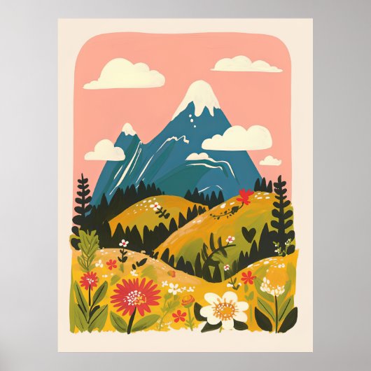 ボヘミアン風の花と山の風景イラスト ポスター (正面)