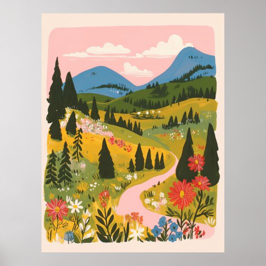ボヘミアン風の花と山の風景イラスト ポスター (正面)