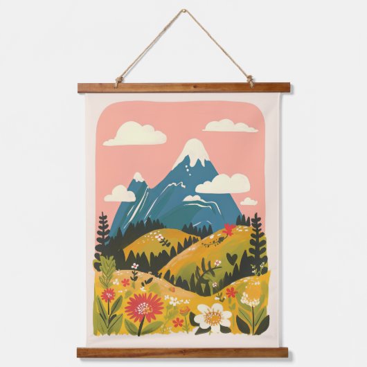 ボヘミアン風の花と山の風景イラスト 吊り下げ型タペストリー (正面)