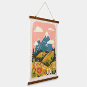 ボヘミアン風の花と山の風景イラスト 吊り下げ型タペストリー (傾斜あり)