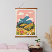 ボヘミアン風の花と山の風景イラスト 吊り下げ型タペストリー (寝室)
