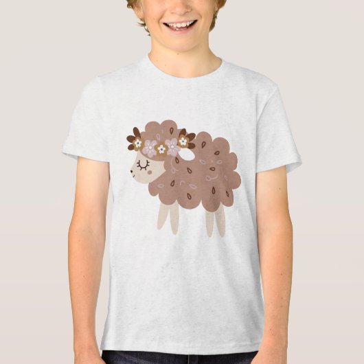 ボヘミアン風の花冠をかぶったかわいい羊のデザイン パステル調の子供部屋用 トライブレンドＴシャツ (正面)
