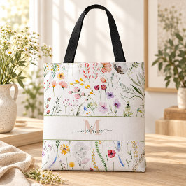 ボヘミアン風の野の花とイニシャル名入れデザイン トートバッグ