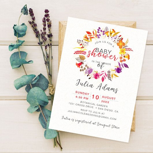 ボヘミアン風の野の花の秋のリースの葉っぱのベビーシャワー 招待状