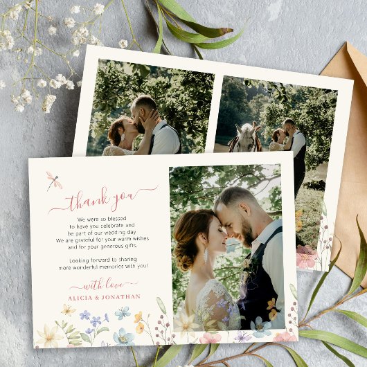 ボヘミアン風の野の花の結婚式の写真 サンキューカード