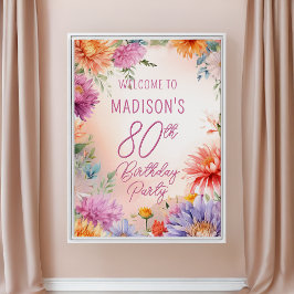 ボヘミアン風アスターの花のフラワー80歳の誕生日パーティー ポスター