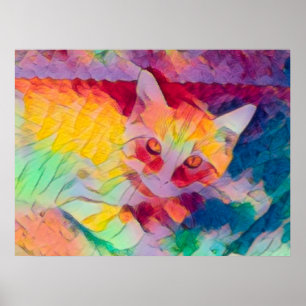 ボヘミアン風イエローのカラフルな猫 ヒッピーポップアート ポスター