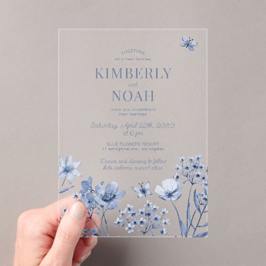ボヘミアン風ダスティブルーの野の花の結婚式 アクリル招待状 (インサイチュ (ポータブル))