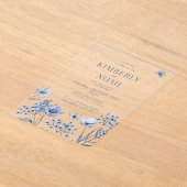 ボヘミアン風ダスティブルーの野の花の結婚式 アクリル招待状 (レイダウン)