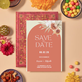 ボヘミアン風テラコッタアーチのフラワーモチーフを使った結婚予定日カードテンプレート セーブザデート