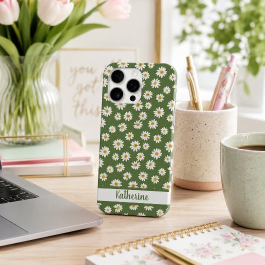 ボヘミアン風デイジー花柄 グリーン 名前 iPhoneケース