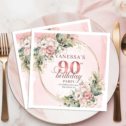 ボヘミアン風ピンクの花の90歳の誕生日お祝い   スタンダードカクテルナプキン