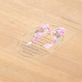 ボヘミアン風フラワーズ ピンクボウ ガール 洗礼 透明 アクリル招待状 (レイダウン)