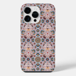 ボヘミアン風フラワーテディベアと装飾的な曼荼羅 シームレス iPhone 14 PRO MAXケース