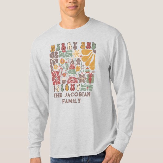 ボヘミアン風フラワープリントのクリスマス 家族の名前 年のリユニオン Tシャツ (正面)