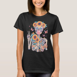 ボヘミアン風フラワー・スケルトン・ひまわり・ハロウィンアート Tシャツ