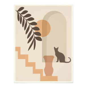 ボヘミアン風抽象幾何学アートの階段と葉の花瓶と猫 フォトプリント           