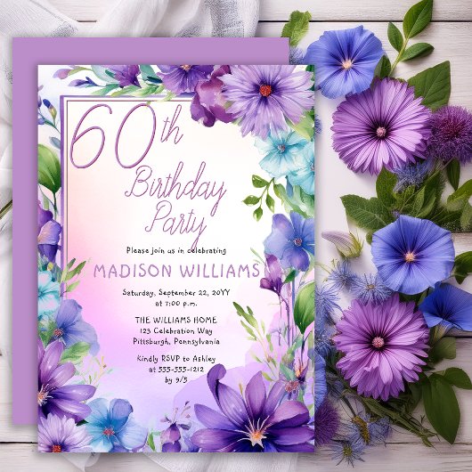 ボヘミアン風朝顔の花の60歳の誕生日パーティー 招待状