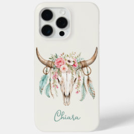 ボヘミアン風水彩フラワーカウ スカル iPhone 15 PRO MAXケース