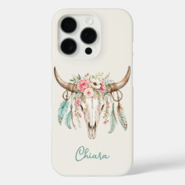 ボヘミアン風水彩フラワーブルカウ スカル iPhone 16 PROケース