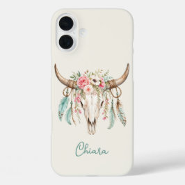 ボヘミアン風水彩フラワーブルカウ スカル iPhone 16 PLUSケース