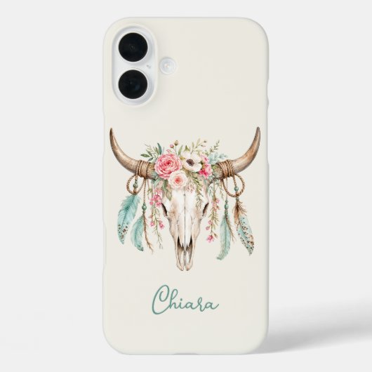 ボヘミアン風水彩フラワーブルカウ スカル Case-Mate iPhoneケース (裏面)