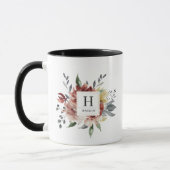 ボヘミアン風水彩秋の花のモノグラム入りコーヒーマグ マグカップ (左)
