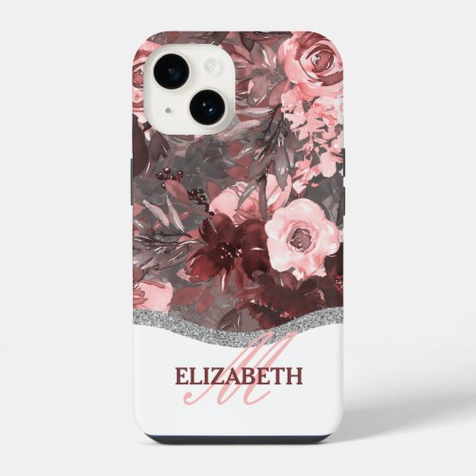 ボヘミアン風水彩花柄 - ピンクのモノグラム iPhoneケース (裏面)