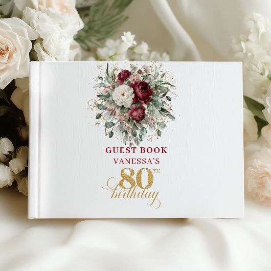 ボヘミアン風深紅の花の80歳の誕生日ゲストブック ゲストブック